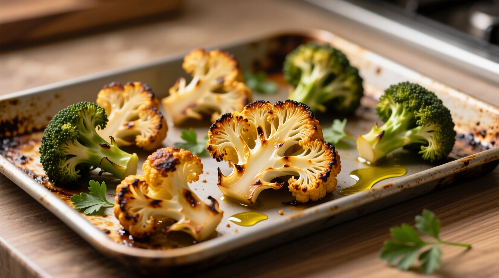 Golden roasted cauliflower and broccoli on baking sheet