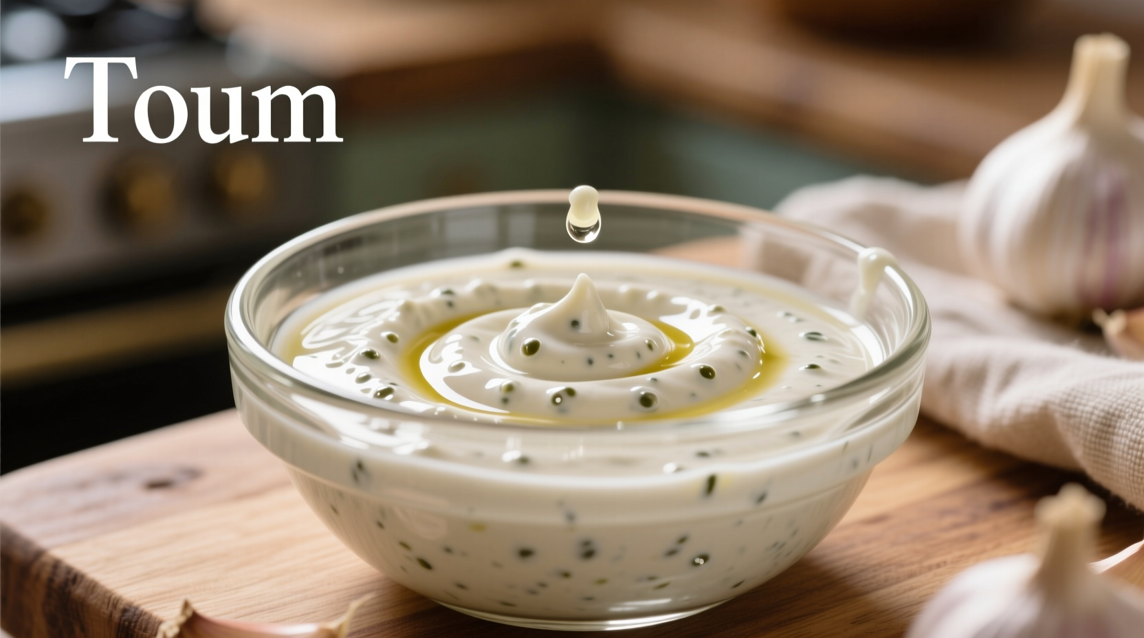 Creamy white garlic toum sauce in glass bowl