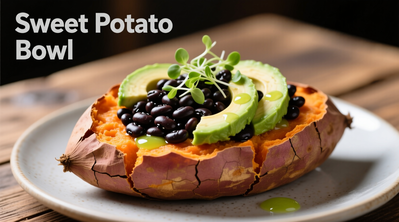 Sweet potato with black bean and avocado toppings