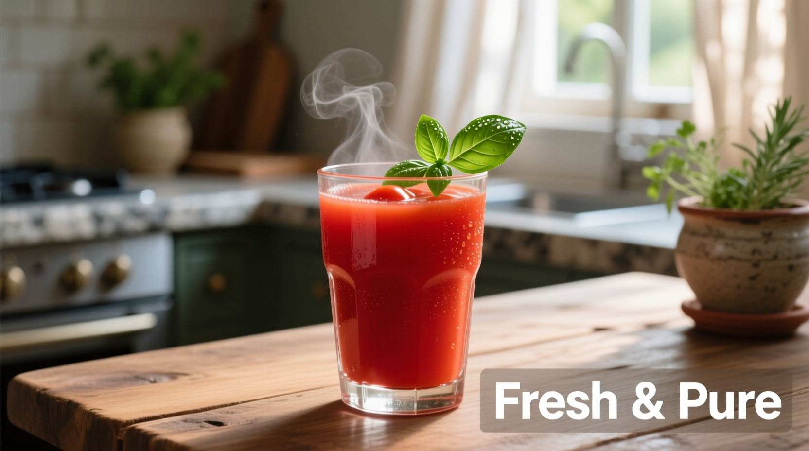 Fresh tomato juice in glass with basil garnish