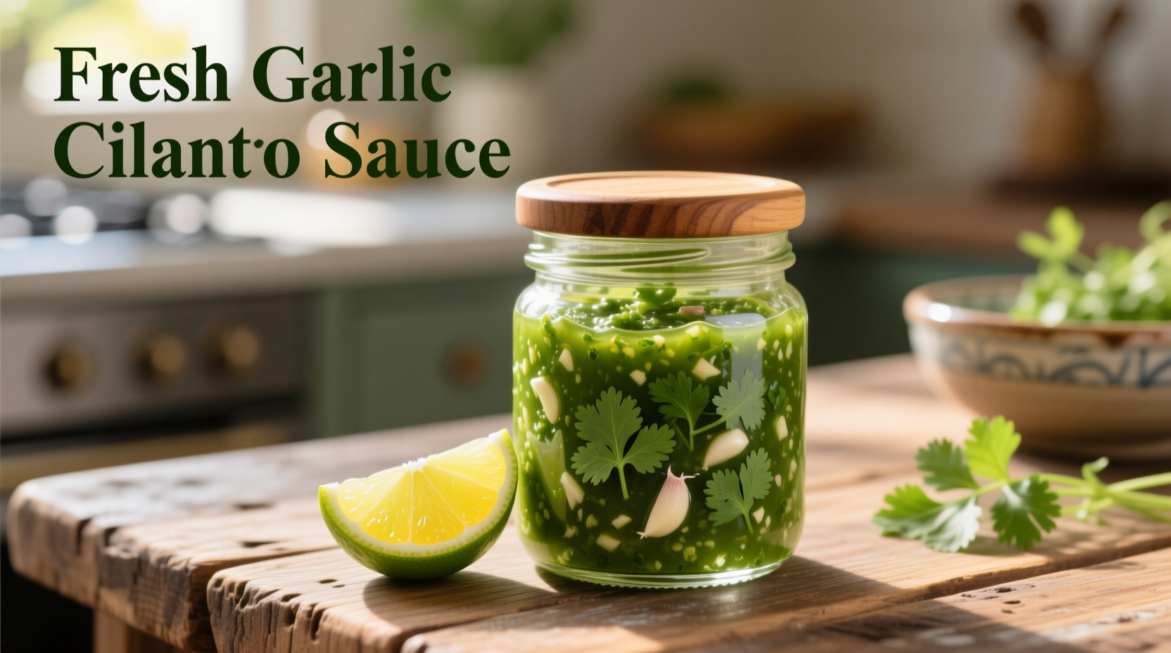 Fresh garlic cilantro sauce in mason jar with lime