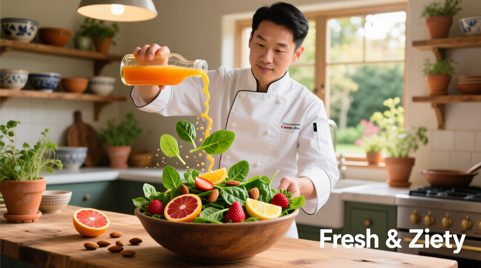 Chef preparing spinach salad with citrus dressing