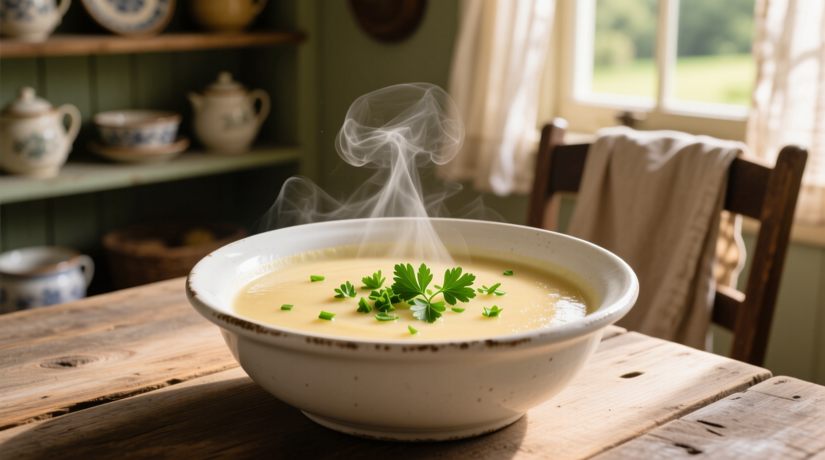 Creamy Irish potato soup in white bowl with parsley garnish