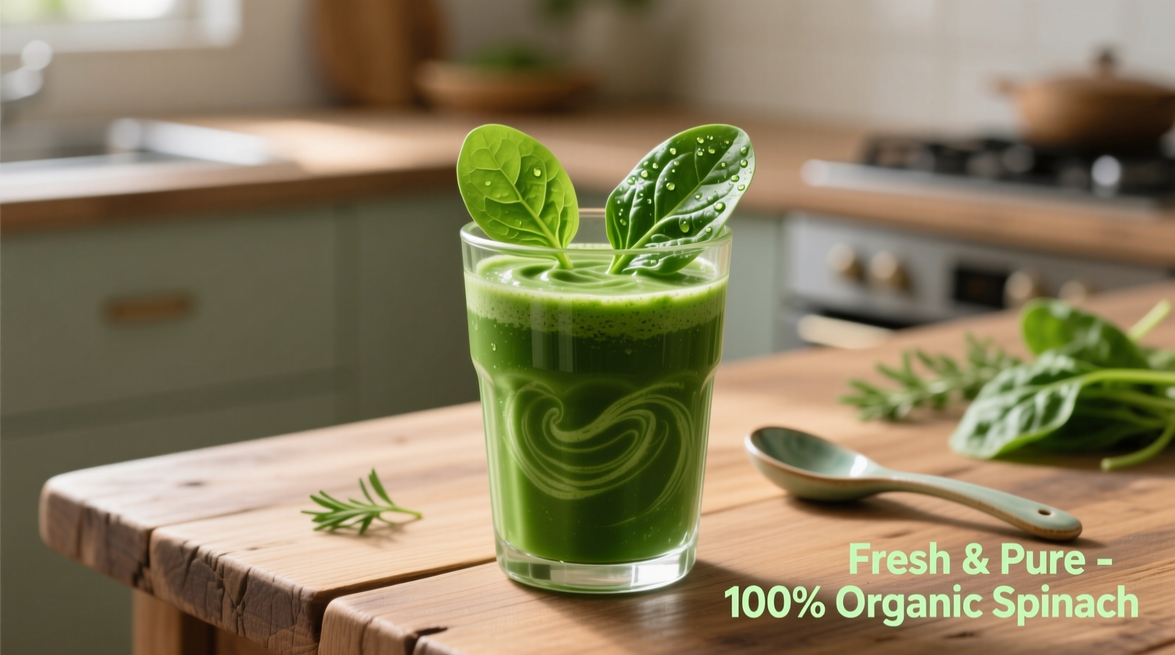 Green spinach smoothie in glass with fresh spinach leaves