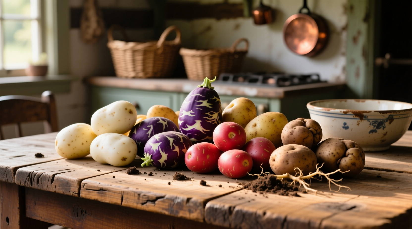 Potato varieties on wooden table