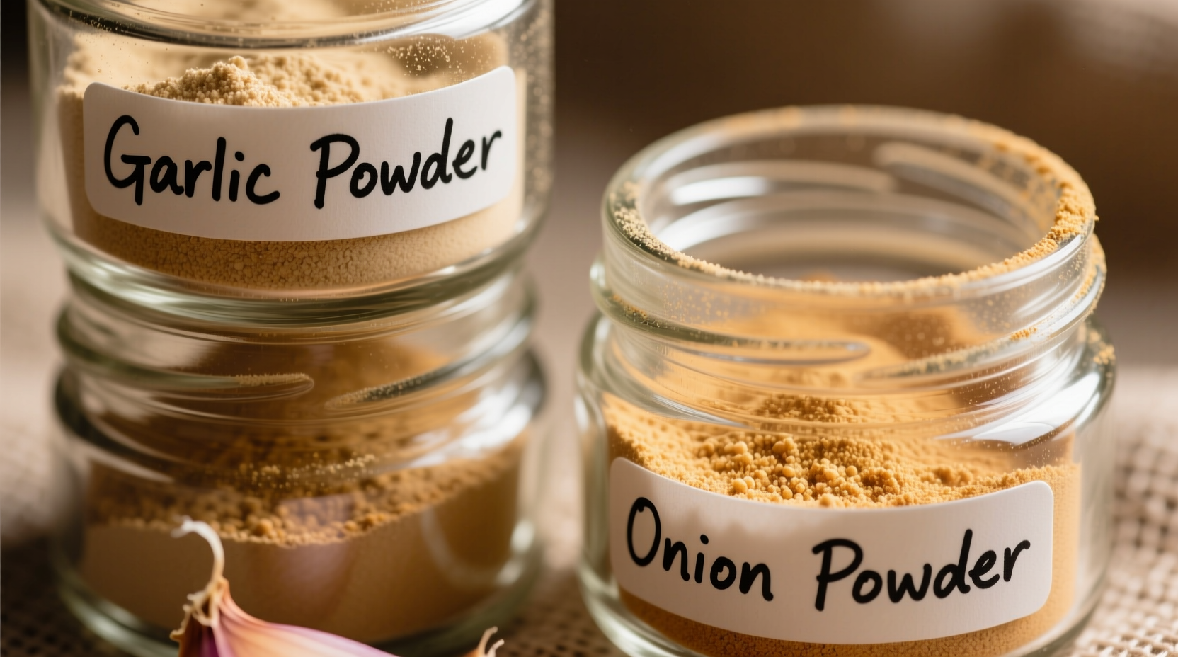 Close-up of garlic and onion powder in glass jars