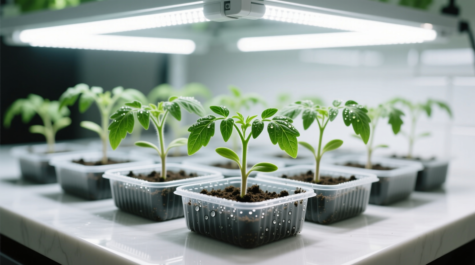 Tomato seedlings growing in trays under grow lights