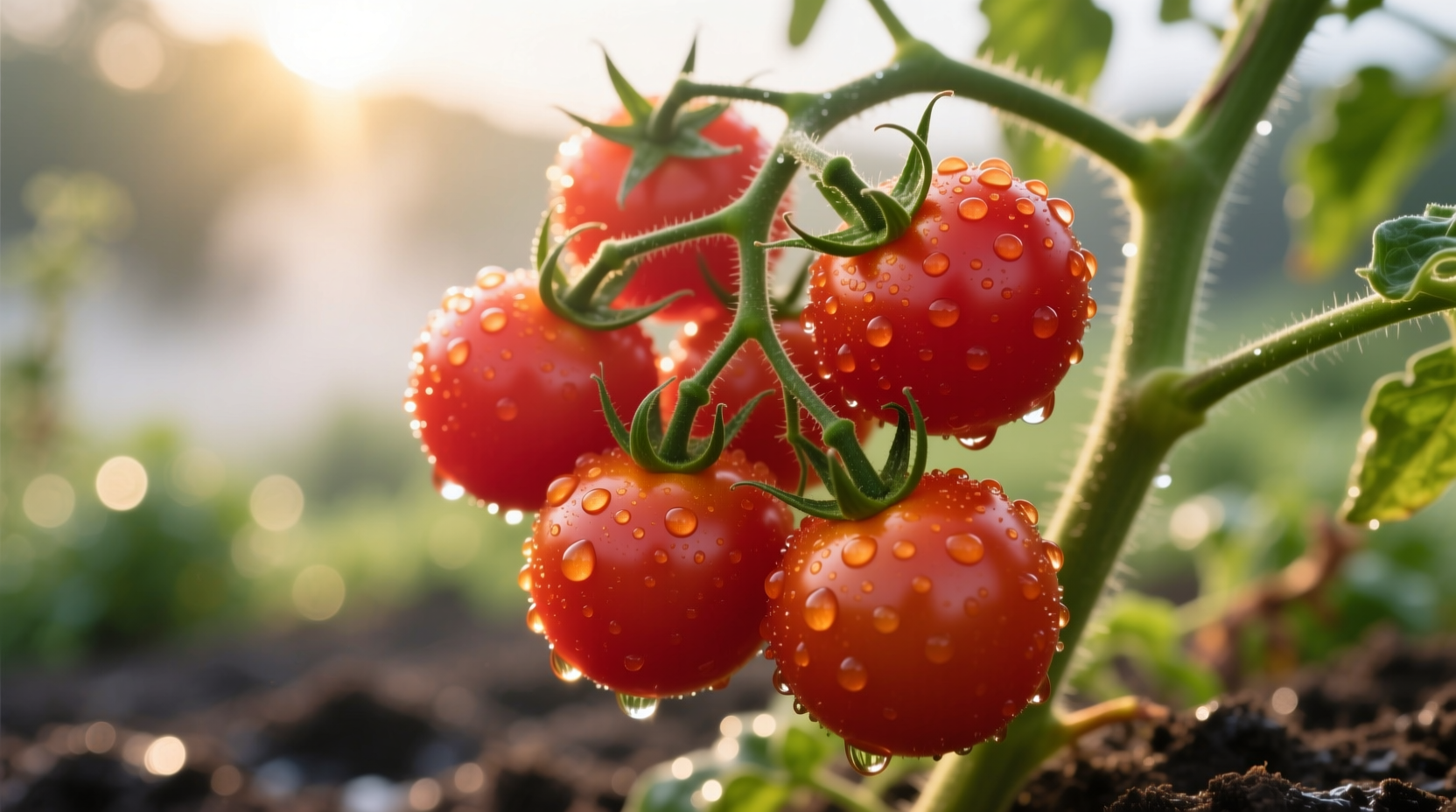 Sun Sugar cherry tomatoes on vine with morning dew
