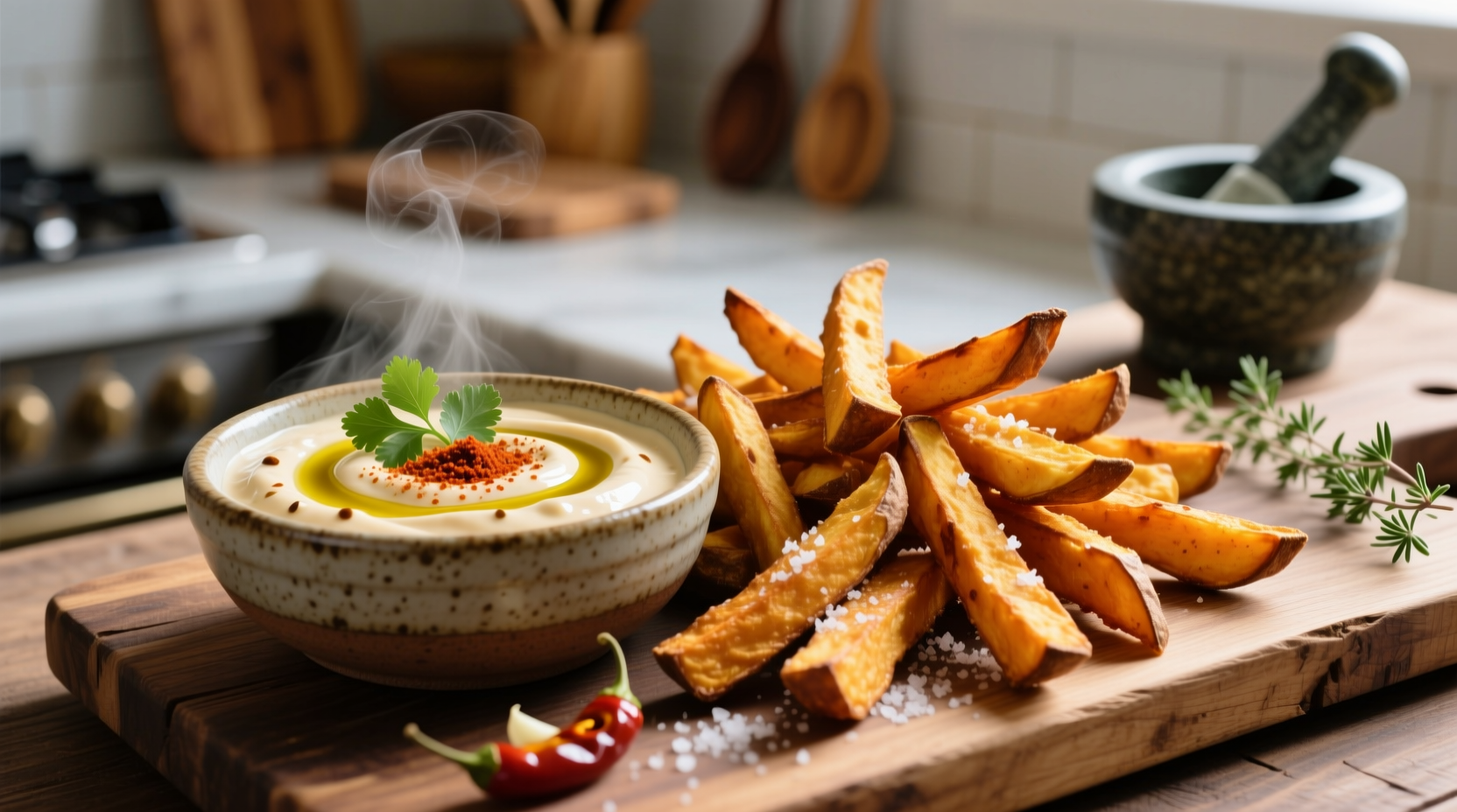 Homemade chipotle aioli dipping sauce with sweet potato fries