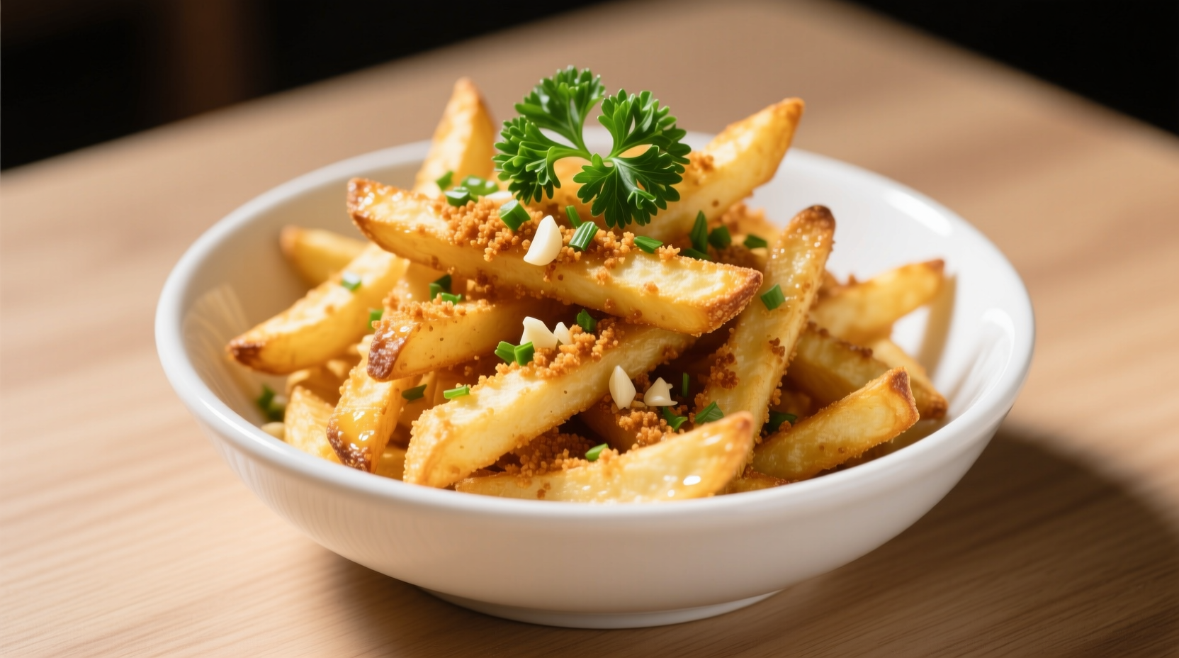 Golden garlic fries in white ceramic bowl with fresh parsley