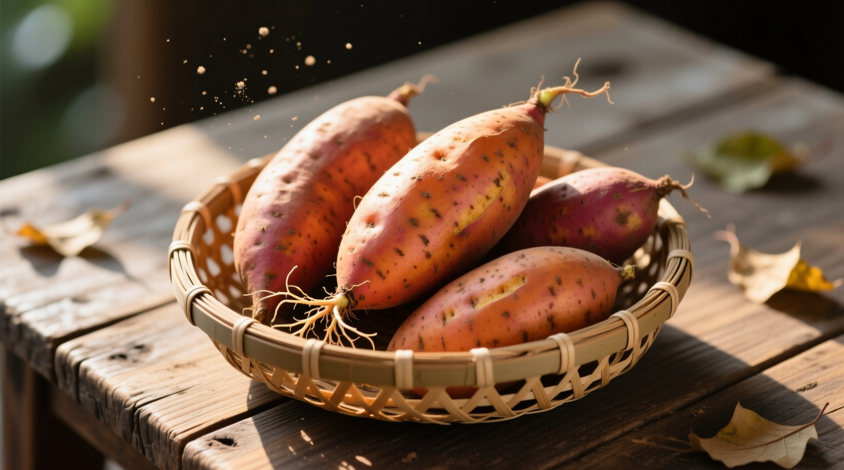 Fresh sweet potatoes in woven basket on wooden table