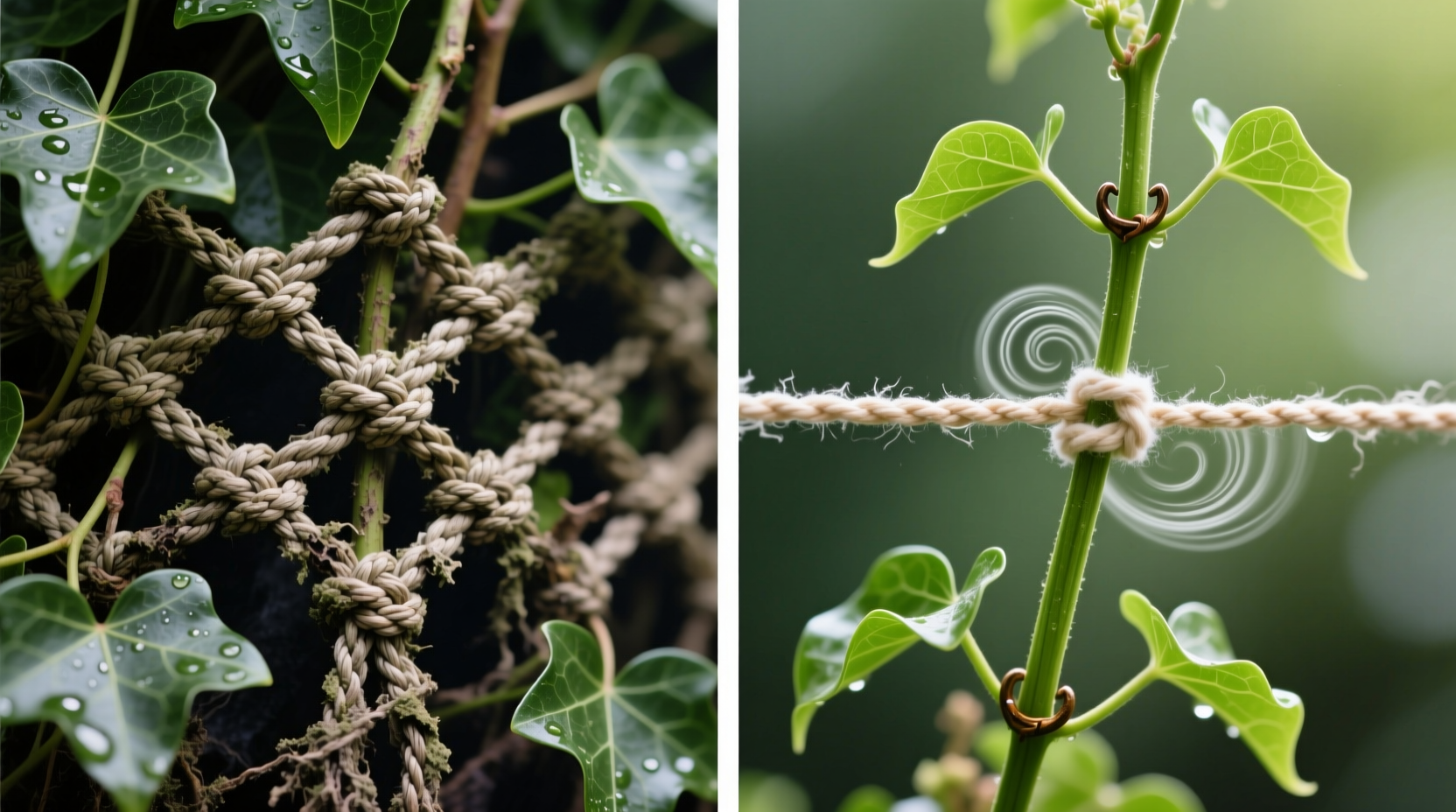 Close-up photo showing a fresh ivy tendril gently tucked beneath a macramé knot, with adjacent stems pruned to encourage bushier growth near the anchor point