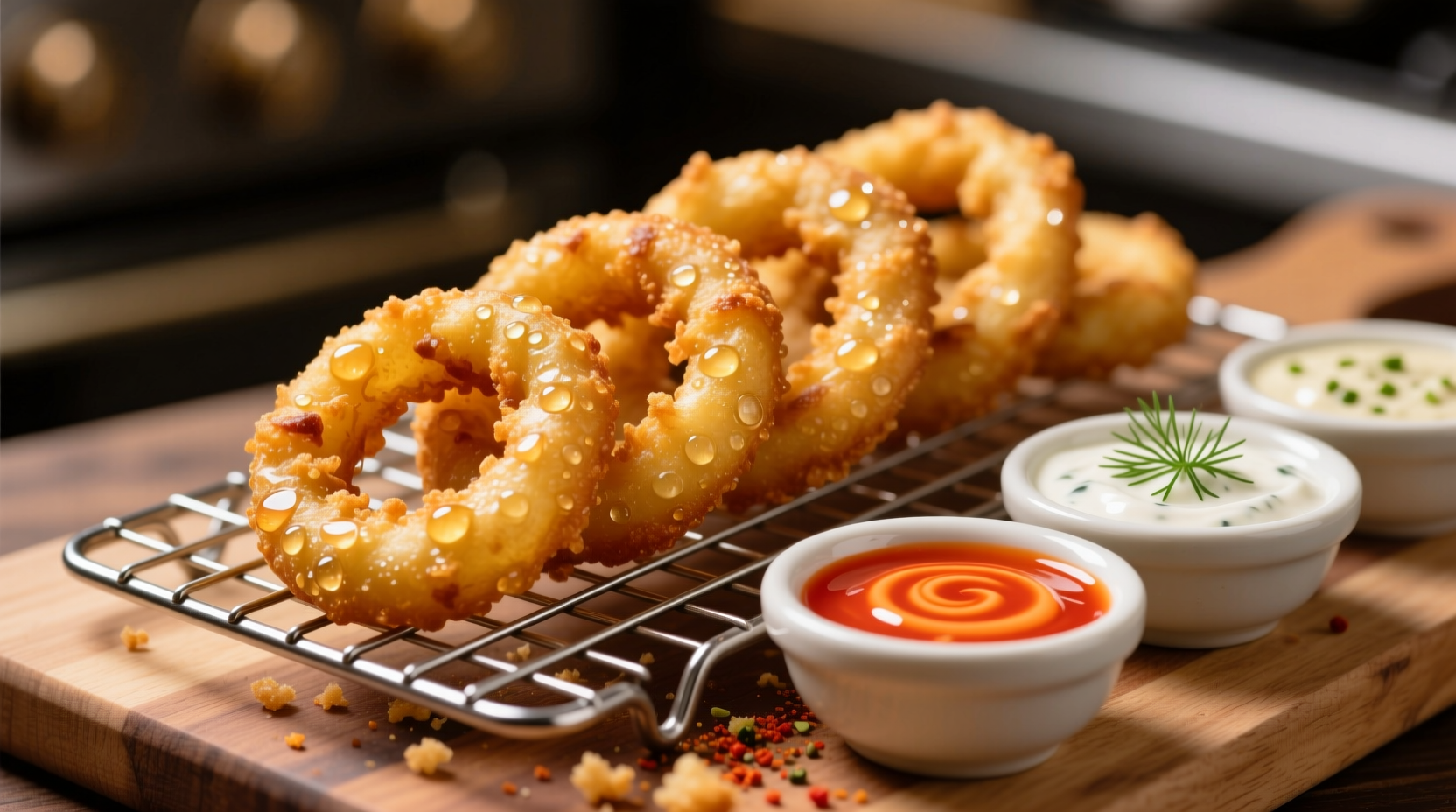 Golden crispy onion rings on wire rack with dipping sauces