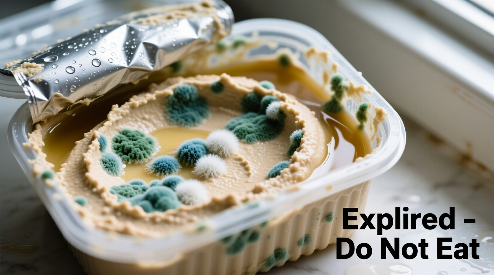 Spoiled hummus showing mold growth in container