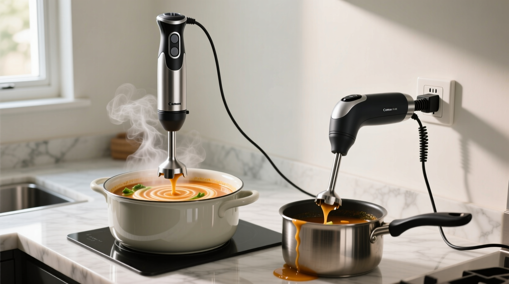 Side-by-side comparison: a cordless immersion blender held mid-air blending soup in a wide pot, next to a corded model tethered to an outlet with visible cord tension and a slightly tilted pot for reach