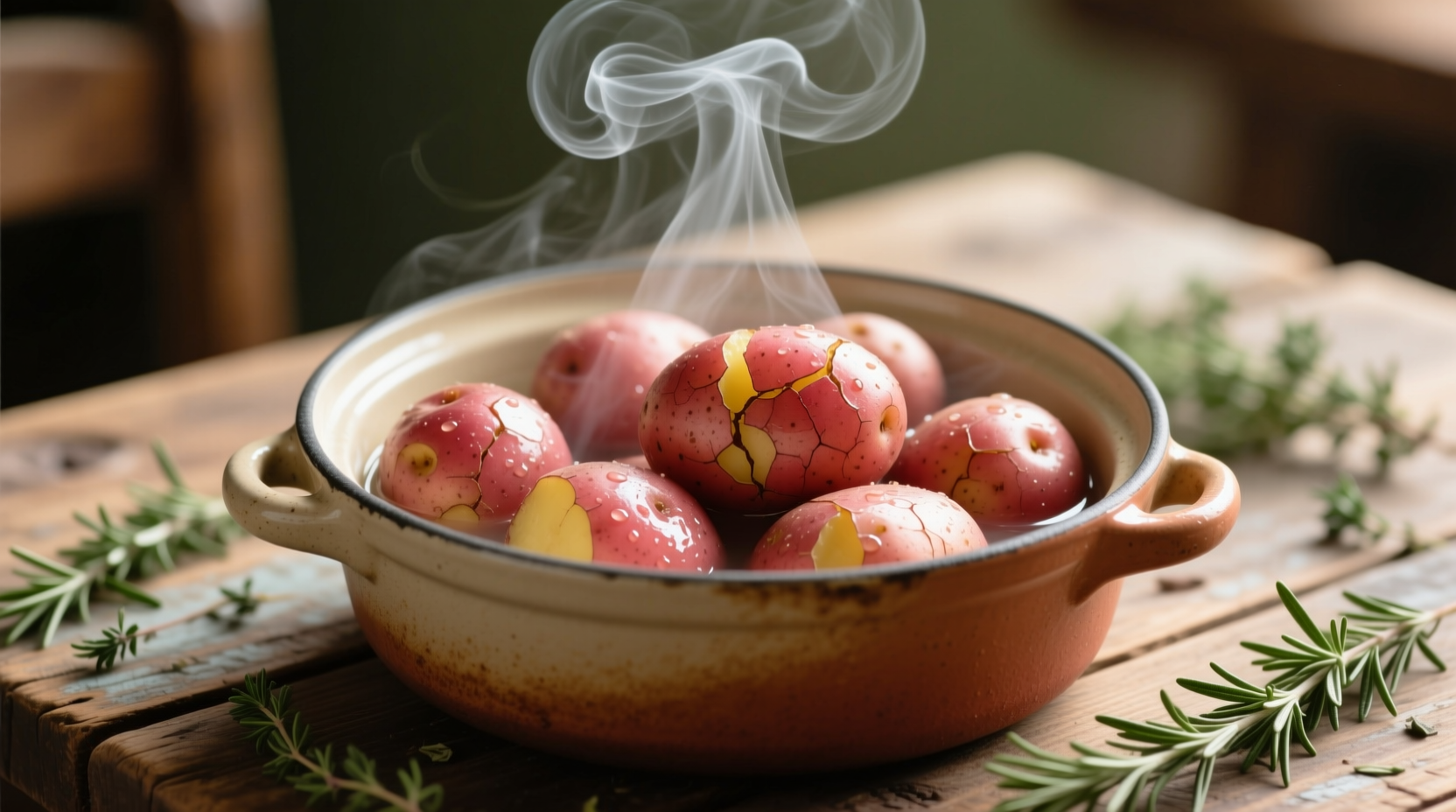 Perfectly boiled red potatoes in a pot with steam rising