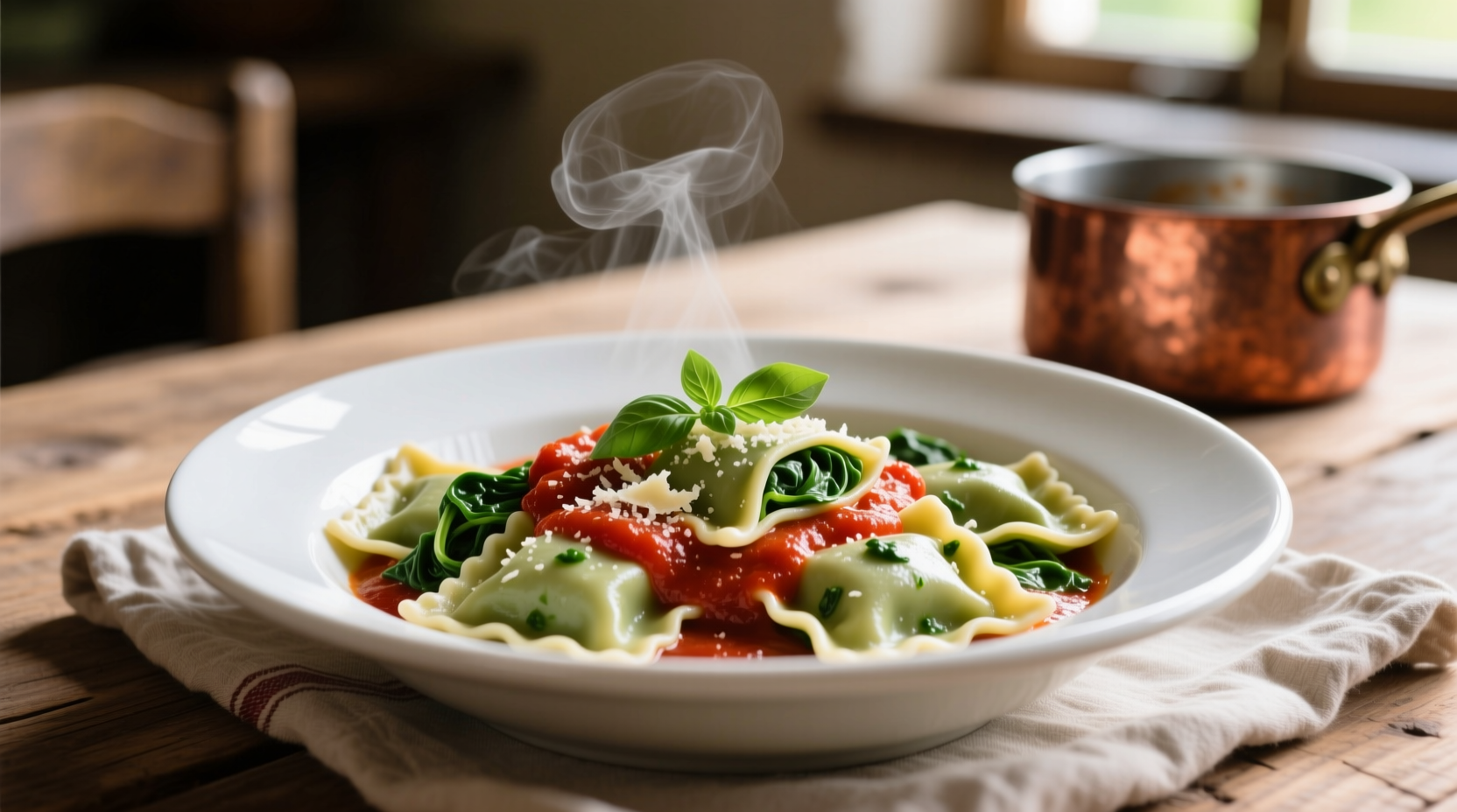 Cooked spinach ravioli with tomato sauce