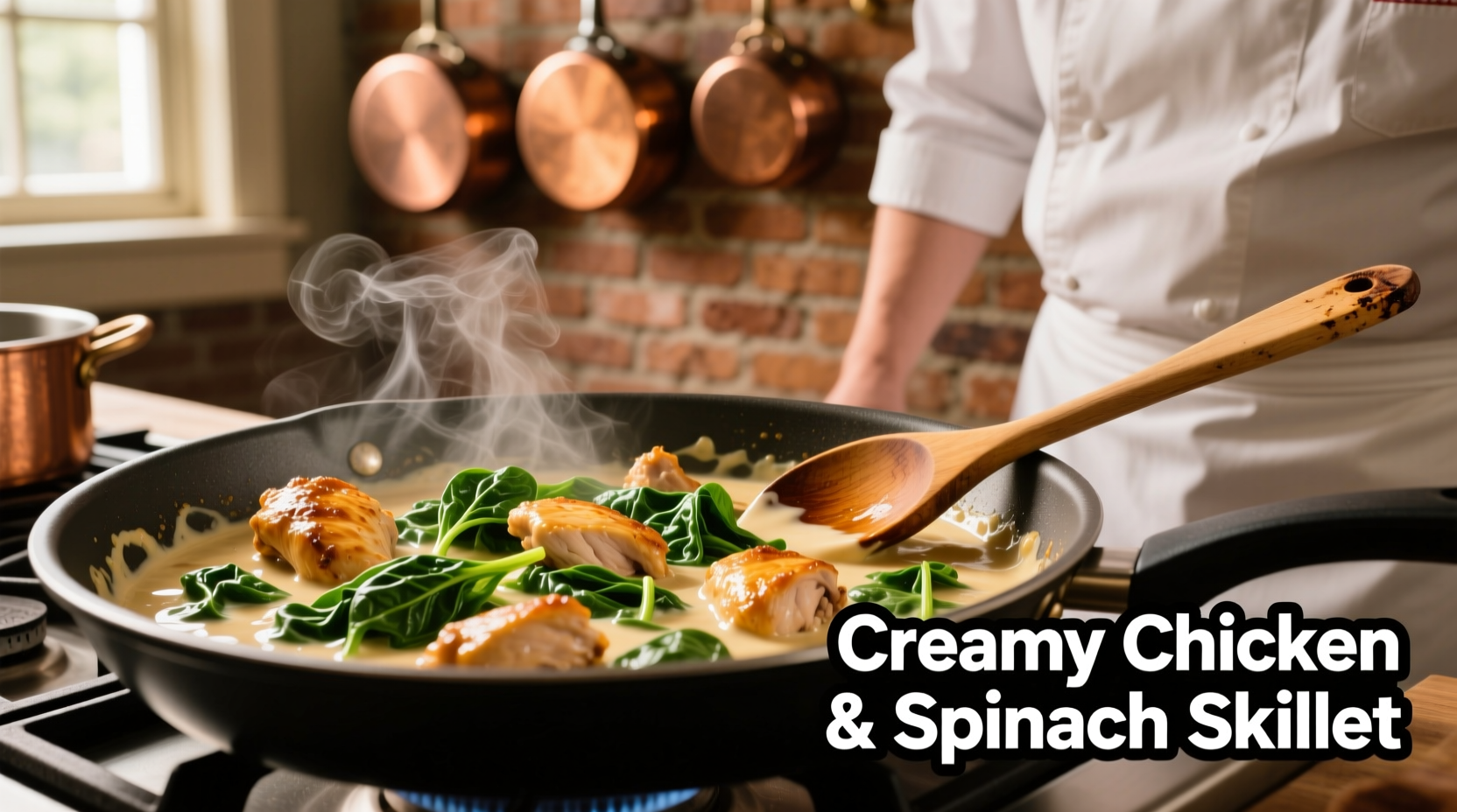 Chef preparing creamy chicken spinach skillet