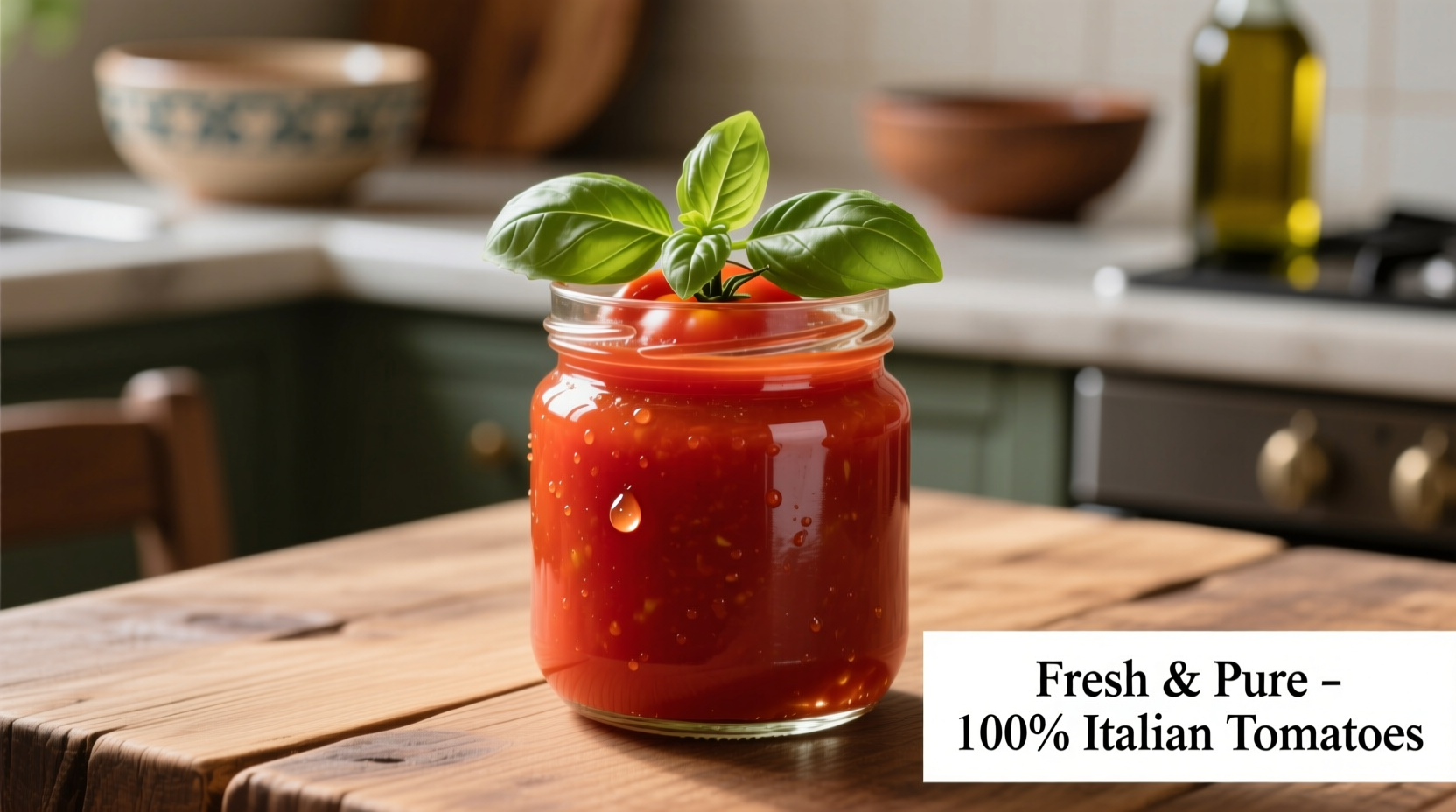 Fresh passata tomato in glass jar with basil