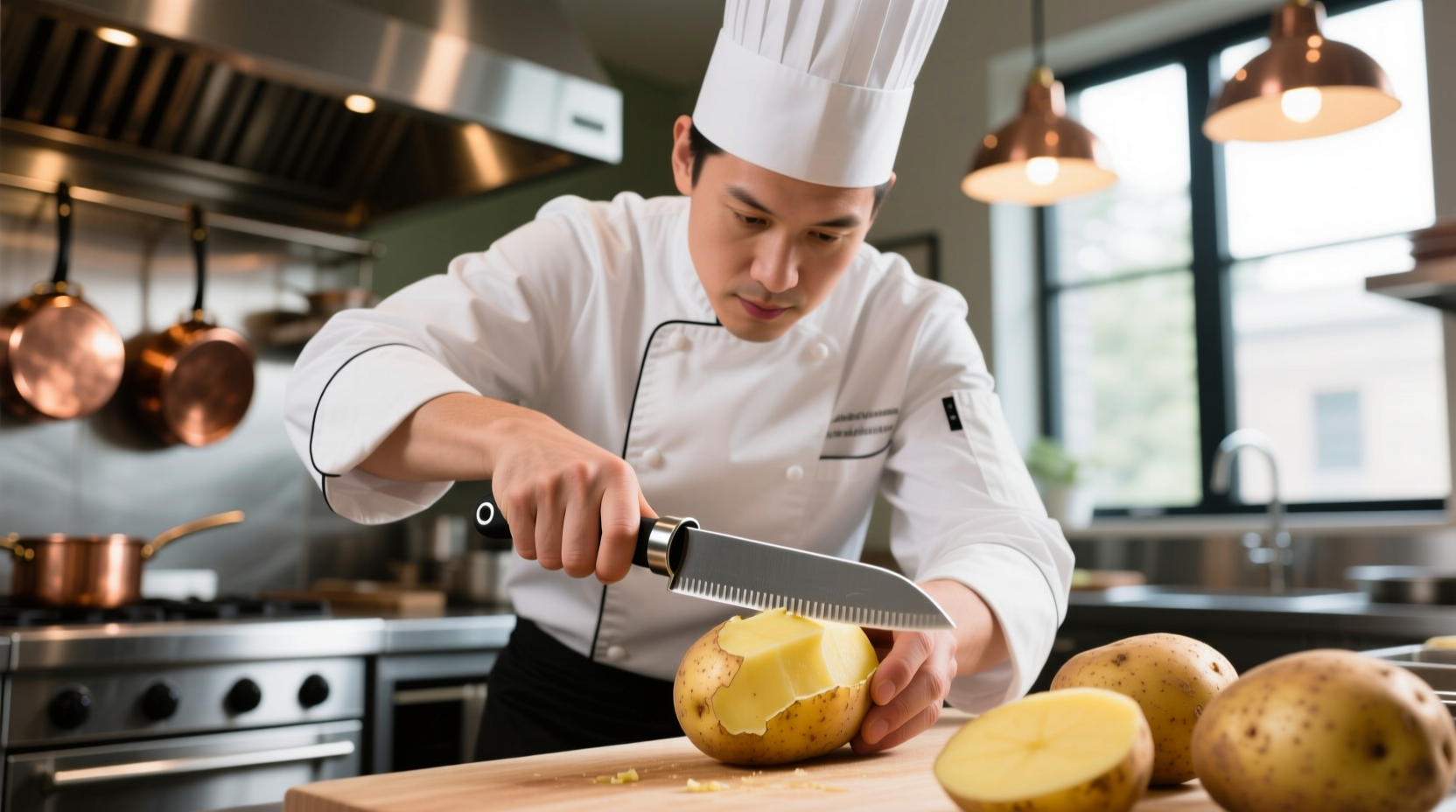 Professional chef using potato topper on russet potatoes