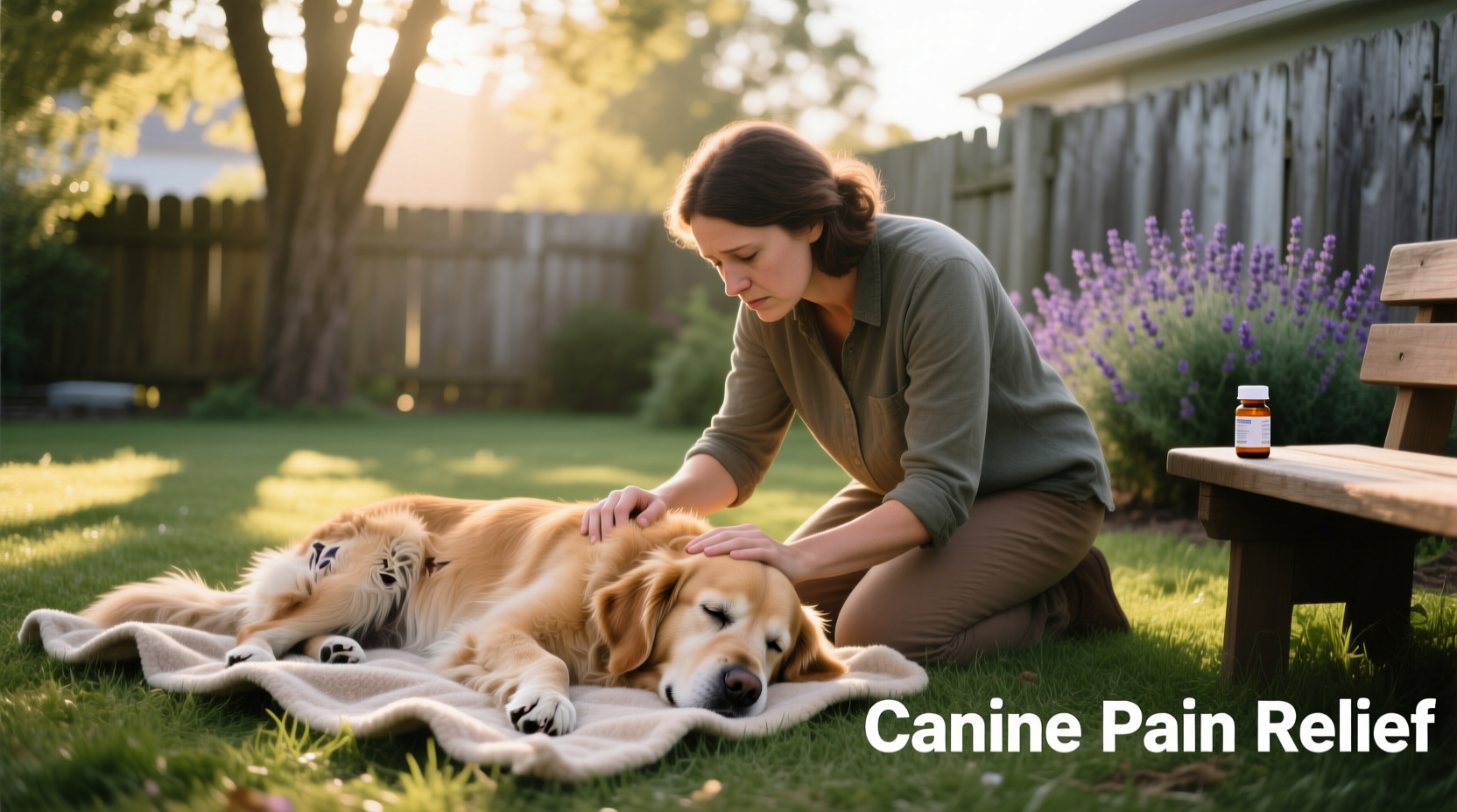 Dog owner checking on sick golden retriever