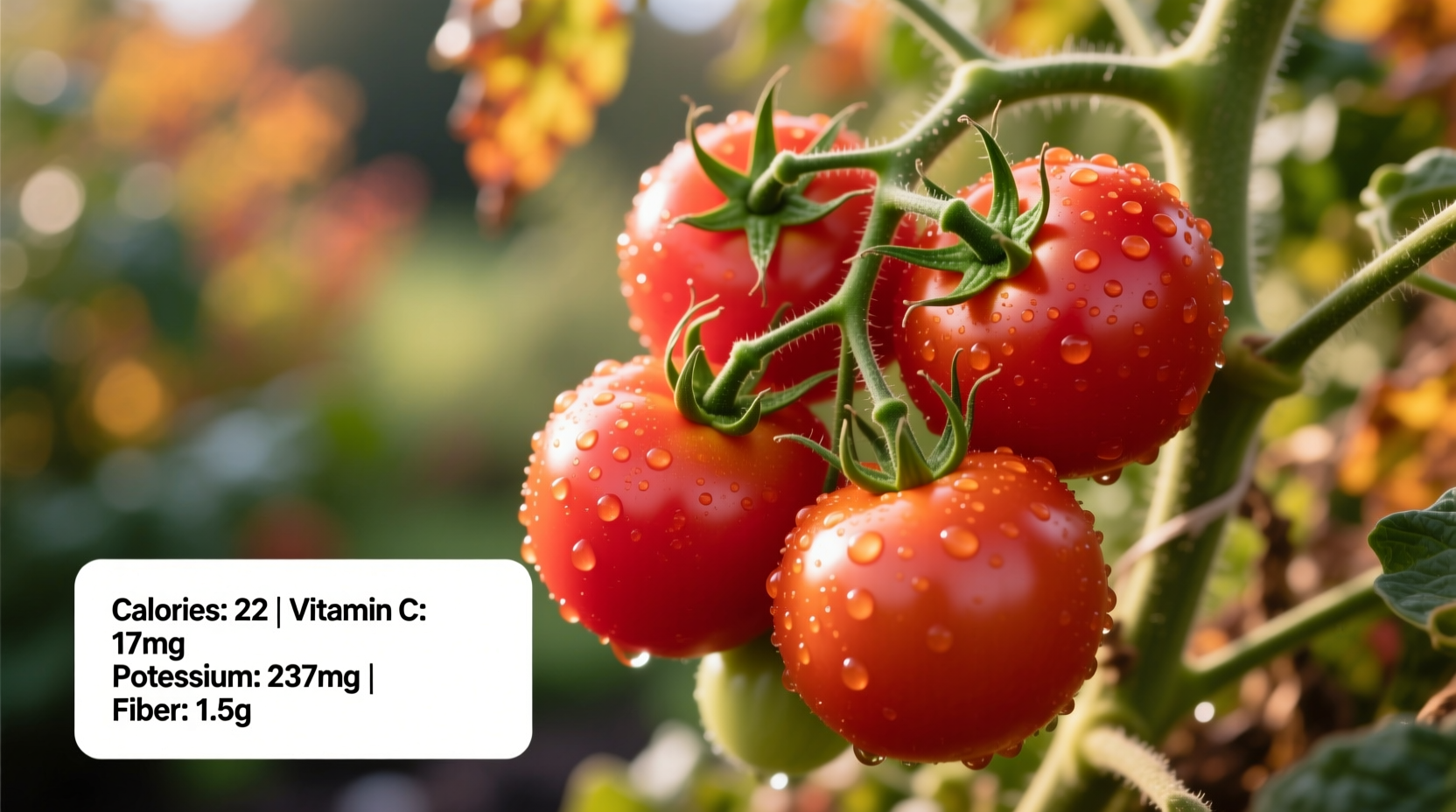 Fresh tomatoes on vine with nutritional facts