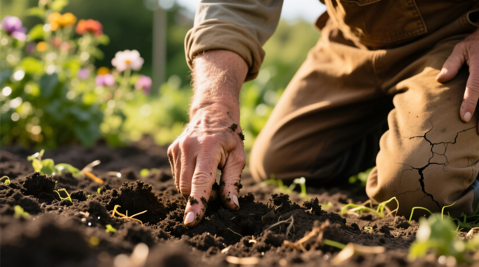 Gardener checking soil moisture with finger test