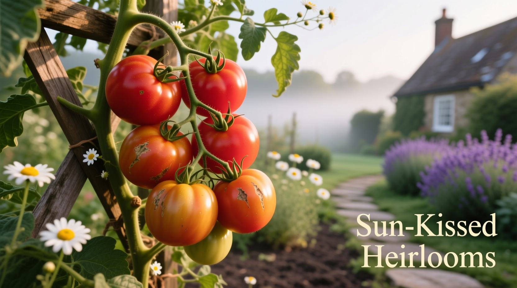 Ripe heirloom tomatoes on vine in garden