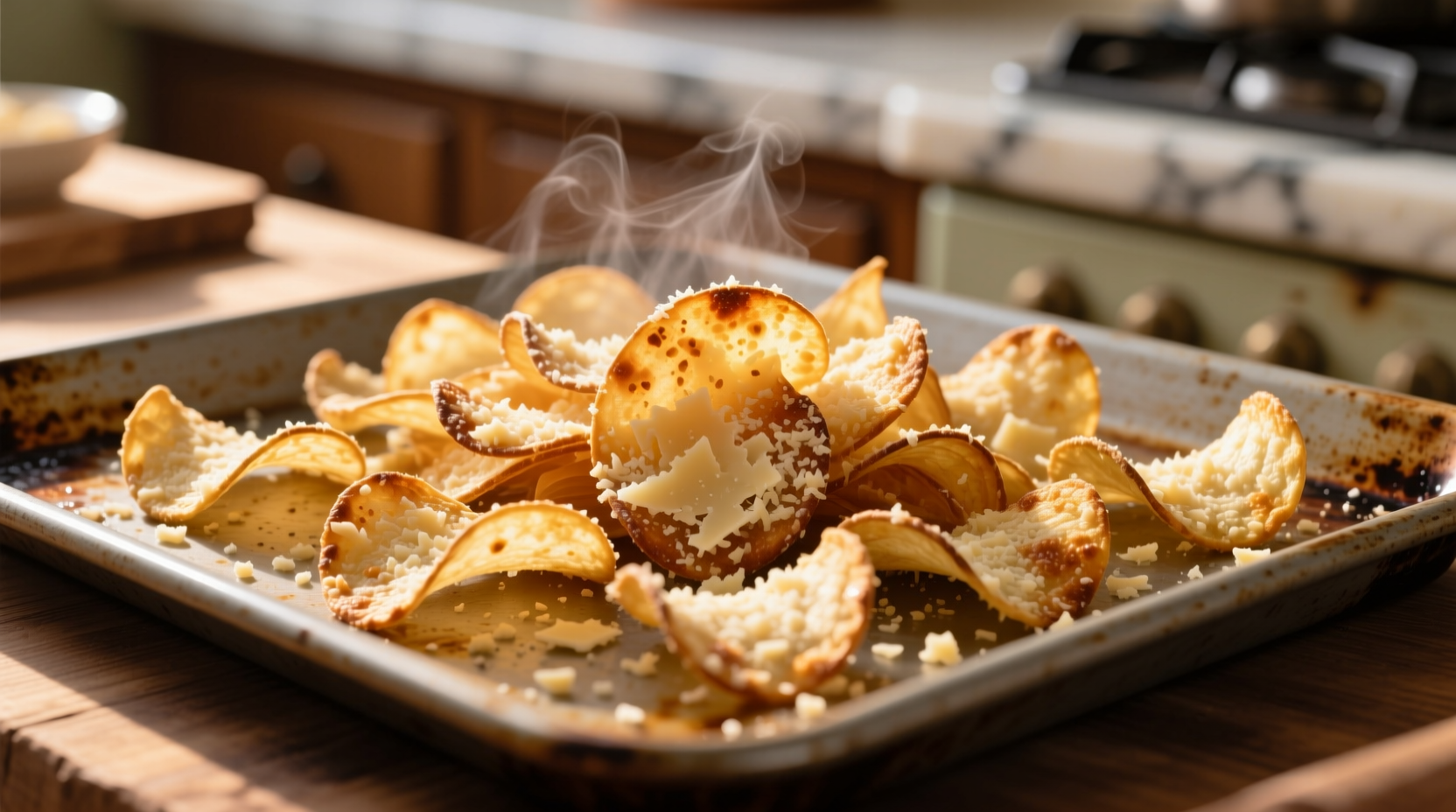Golden brown parmesan onion chips on baking sheet