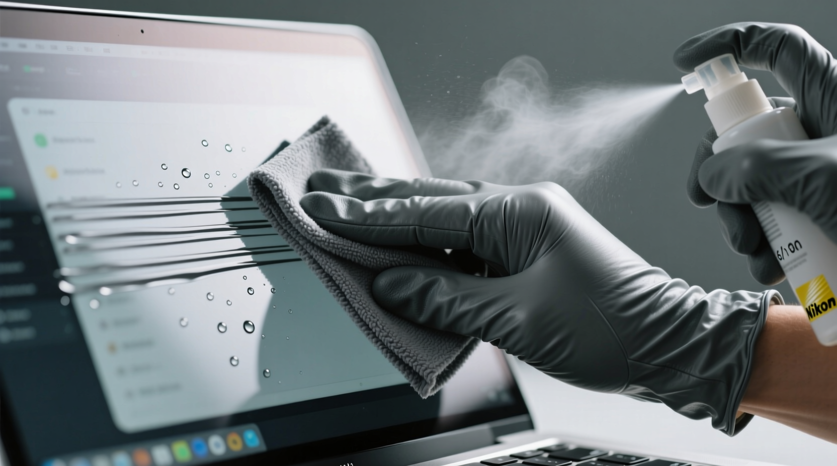 Close-up of a gloved hand wiping a laptop screen with a folded microfiber cloth, using a fine mist spray bottle held 6 inches away—no liquid pooling, no circular motion, only straight-line strokes