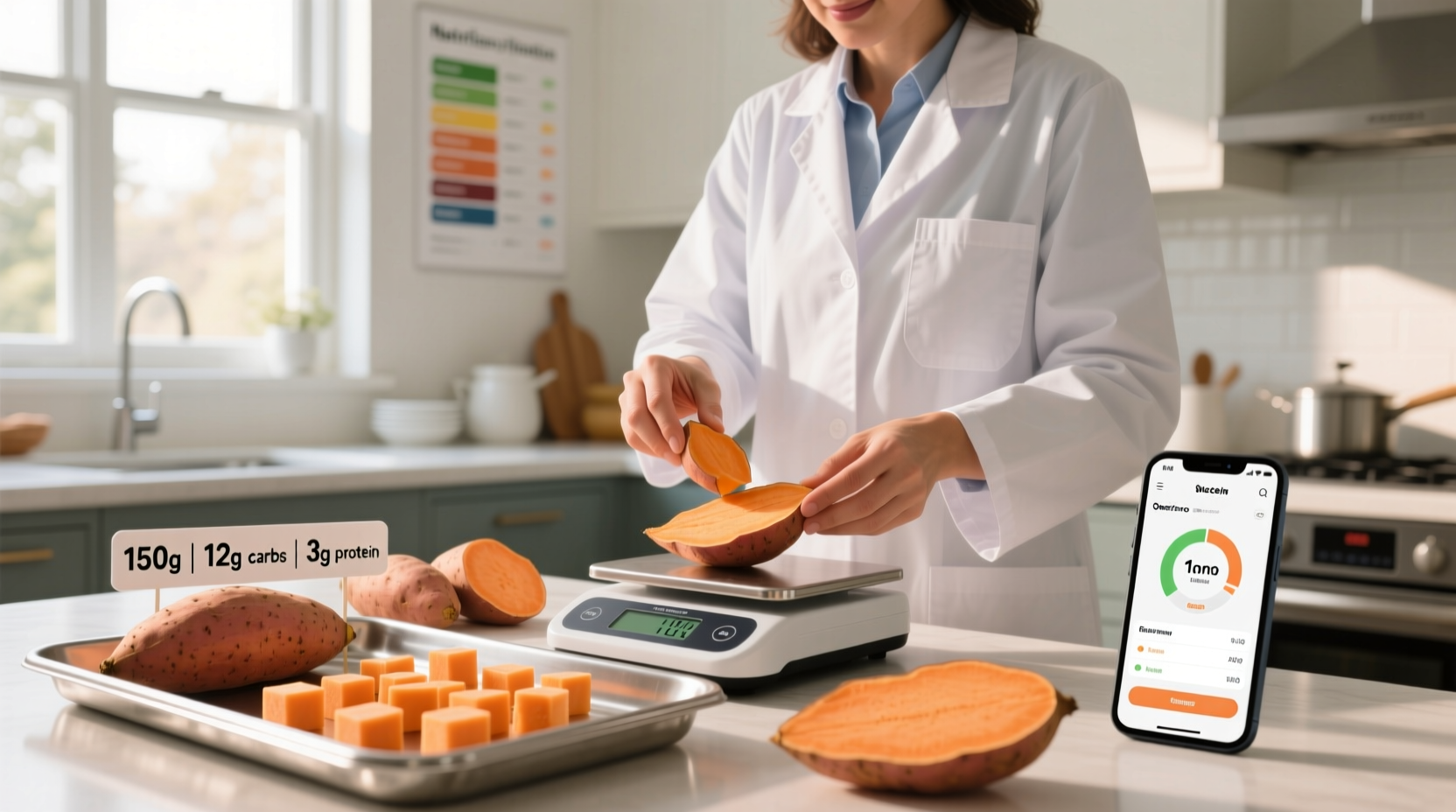 Nutritionist measuring sweet potato portions for macro tracking