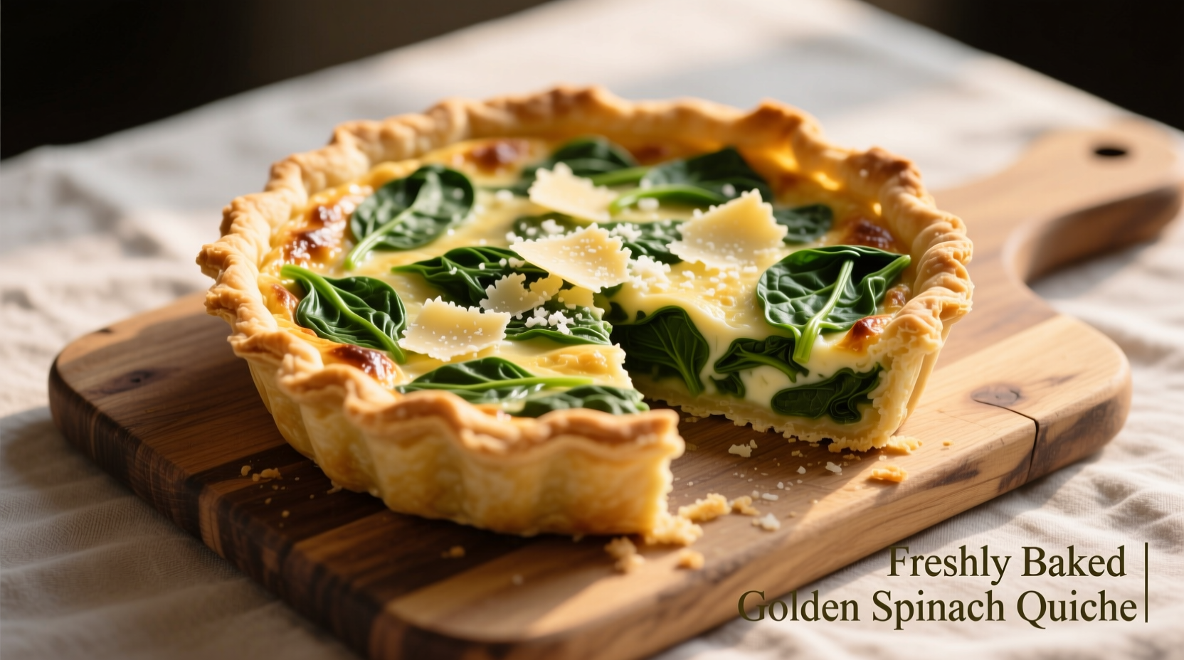 Perfectly golden spinach quiche pie with visible flaky crust