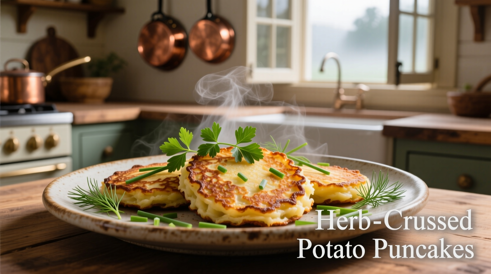 Golden brown mashed potato pancakes with herbs