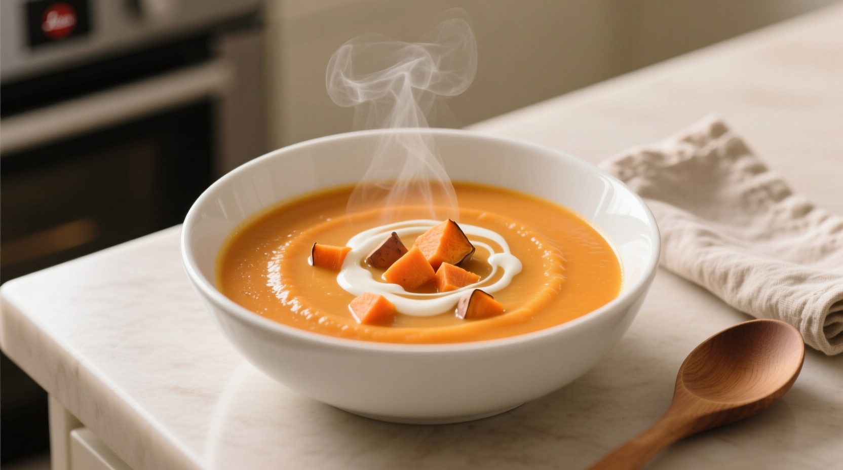 Creamy sweet potato carrot soup in white bowl