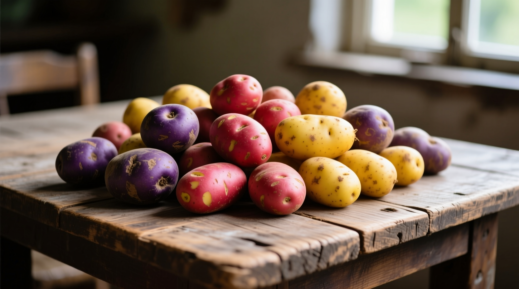 Colorful array of purple, red, and yellow potatoes on wooden table