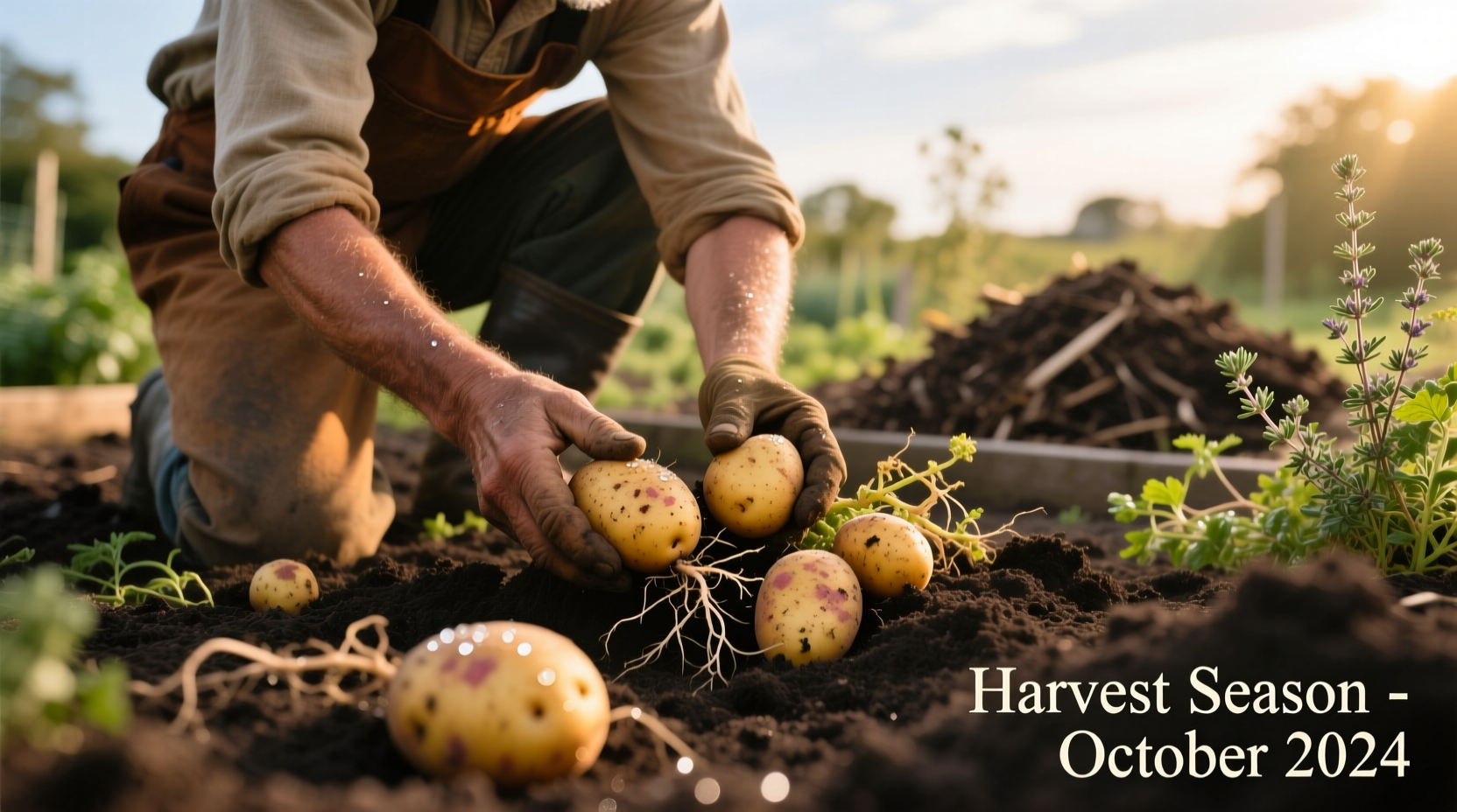 Gardener carefully harvesting mature potatoes from garden soil