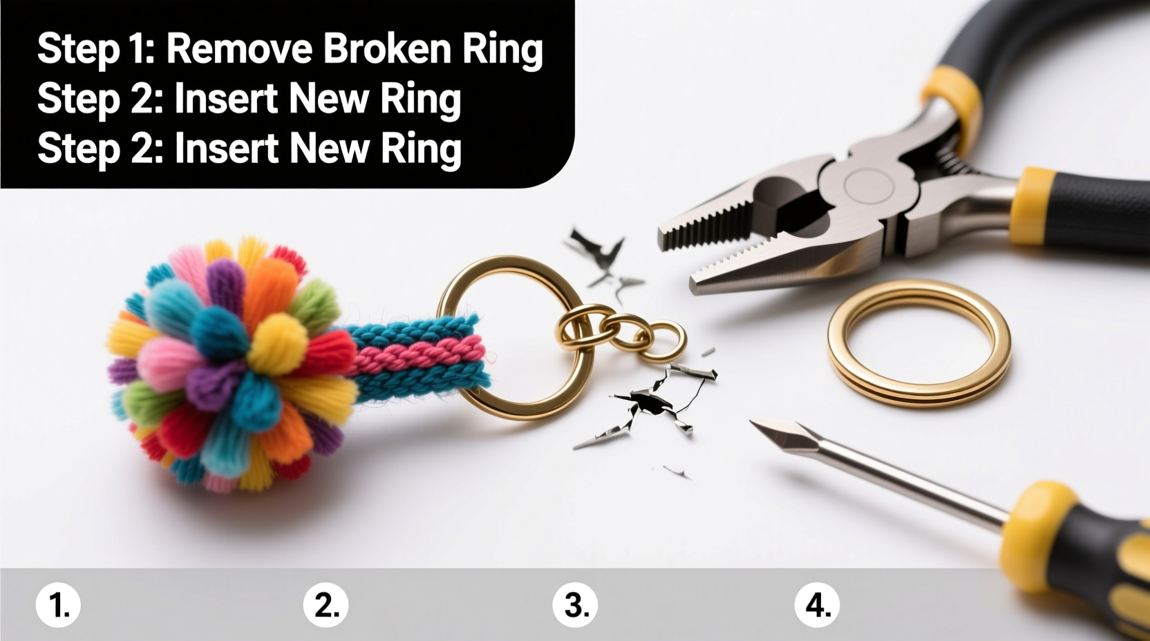 step by step guide to replacing a broken keychain ring on your pom pom accessory