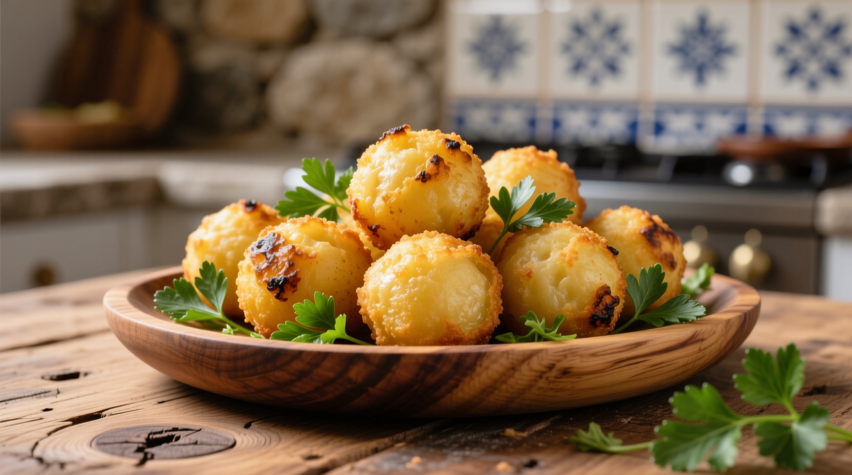 Golden Portuguese potato balls on wooden platter with parsley garnish
