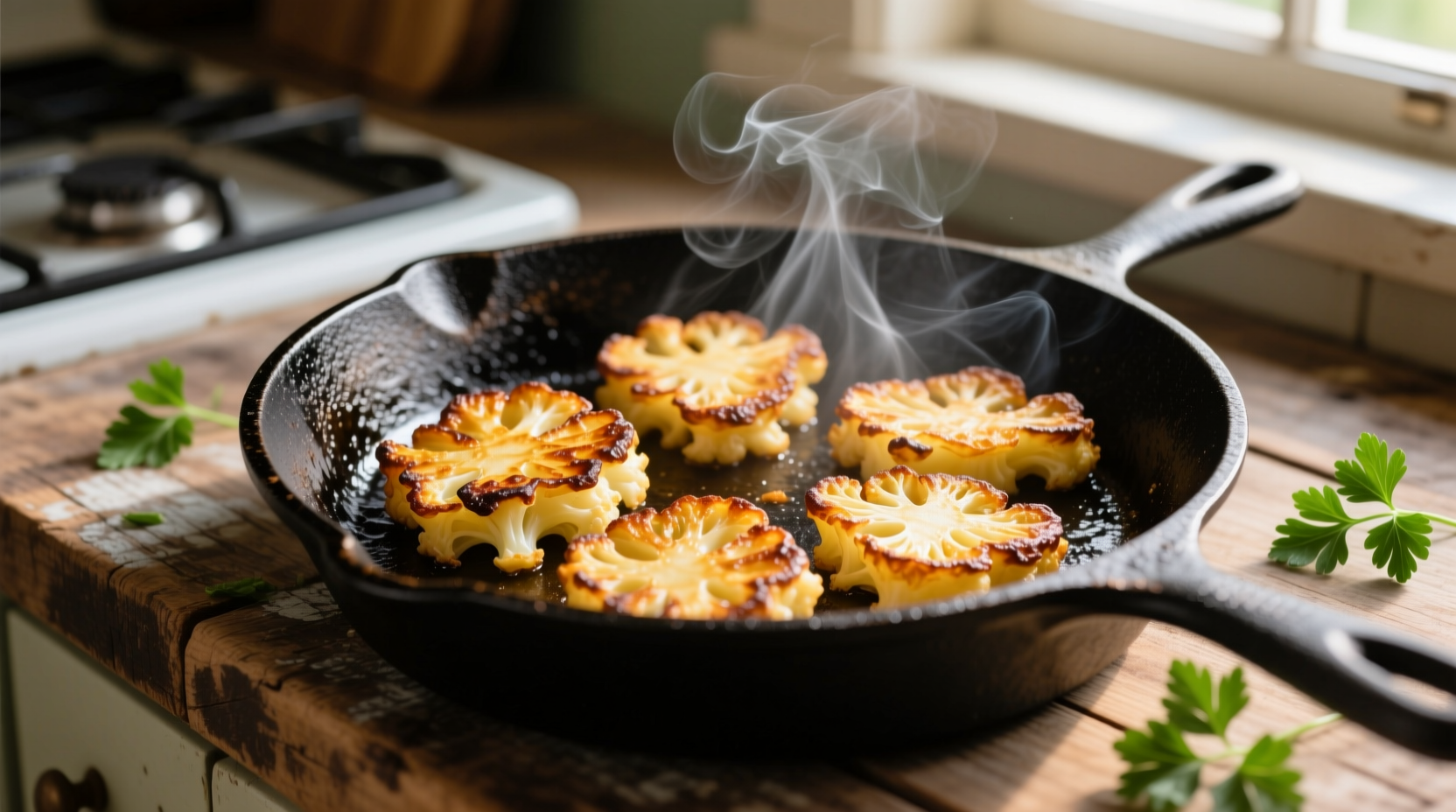 Golden brown cauliflower hash browns on cast iron skillet