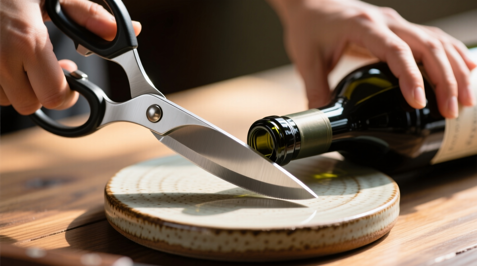 Close-up photo showing hands guiding open kitchen shears along the flat, unglazed circular edge of a wine bottle base, with natural lighting highlighting the precise contact point between blade and bottle