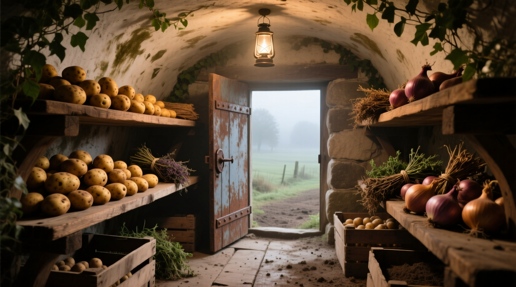 Traditional underground potato cellar with wooden shelves