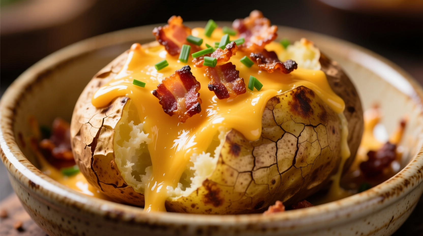 Golden baked potato topped with melted cheddar and crispy bacon