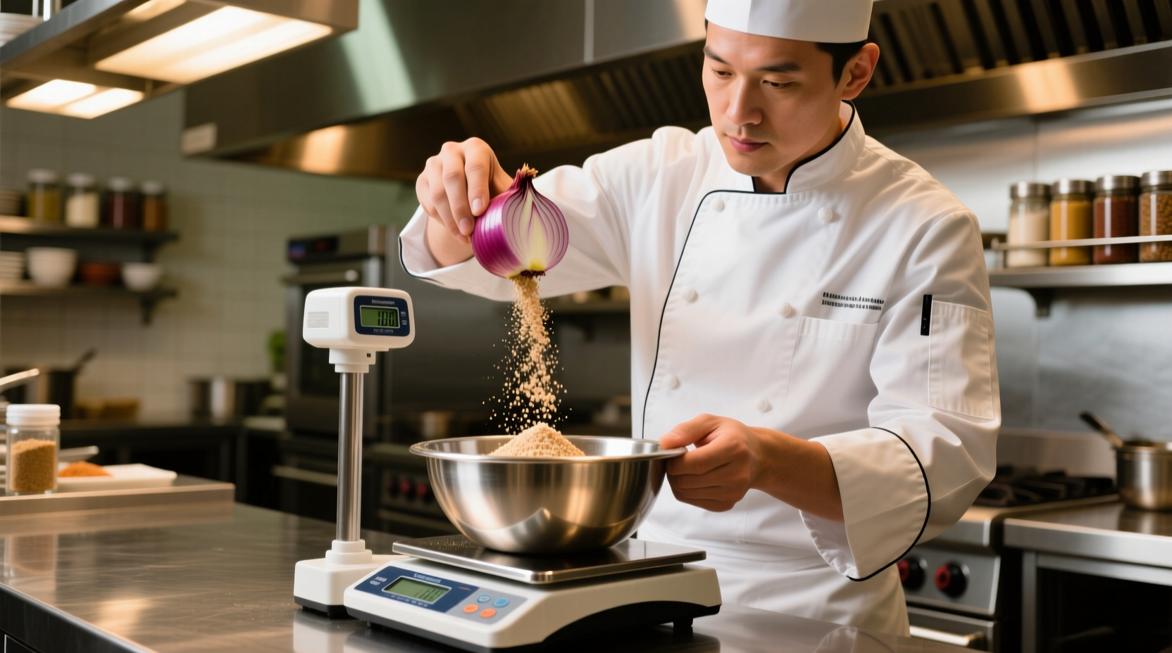 Chef measuring onion powder in professional kitchen