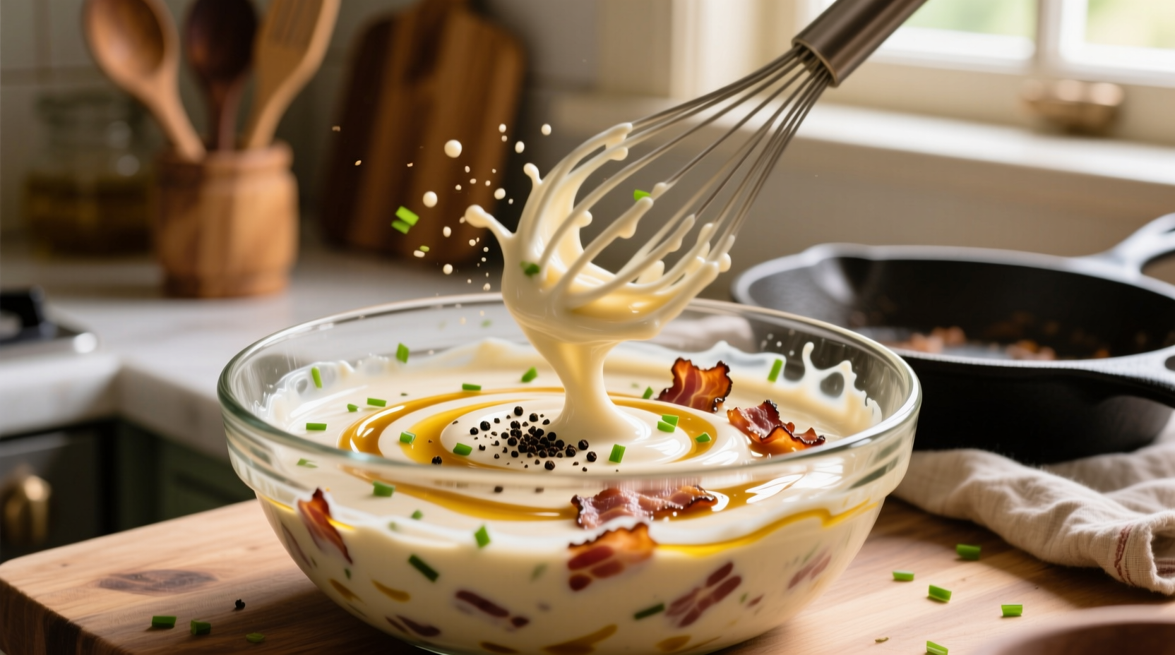 Homemade bacon dressing being whisked in glass bowl