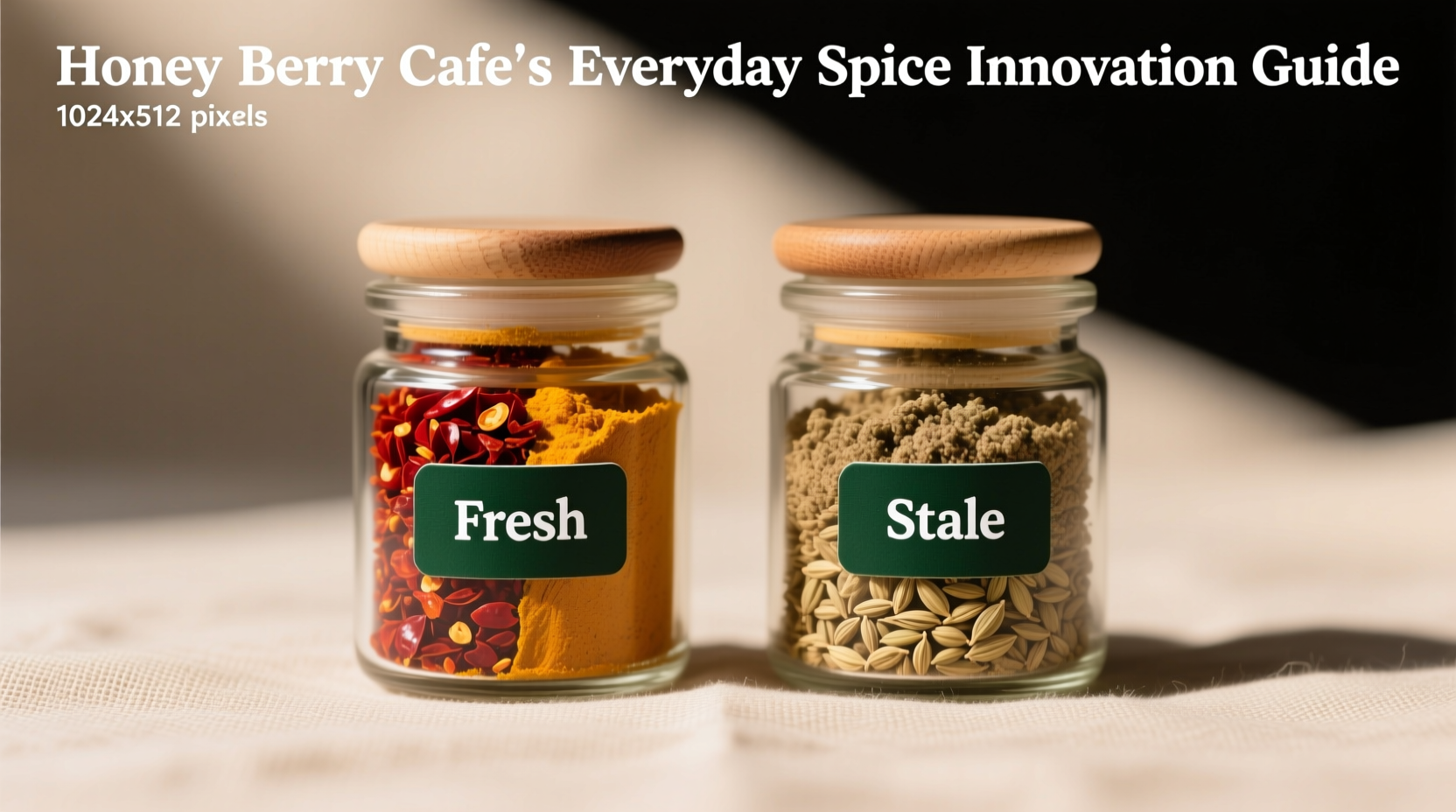 Side-by-side comparison of vibrant fresh spices versus faded stale versions with labeled freshness indicators