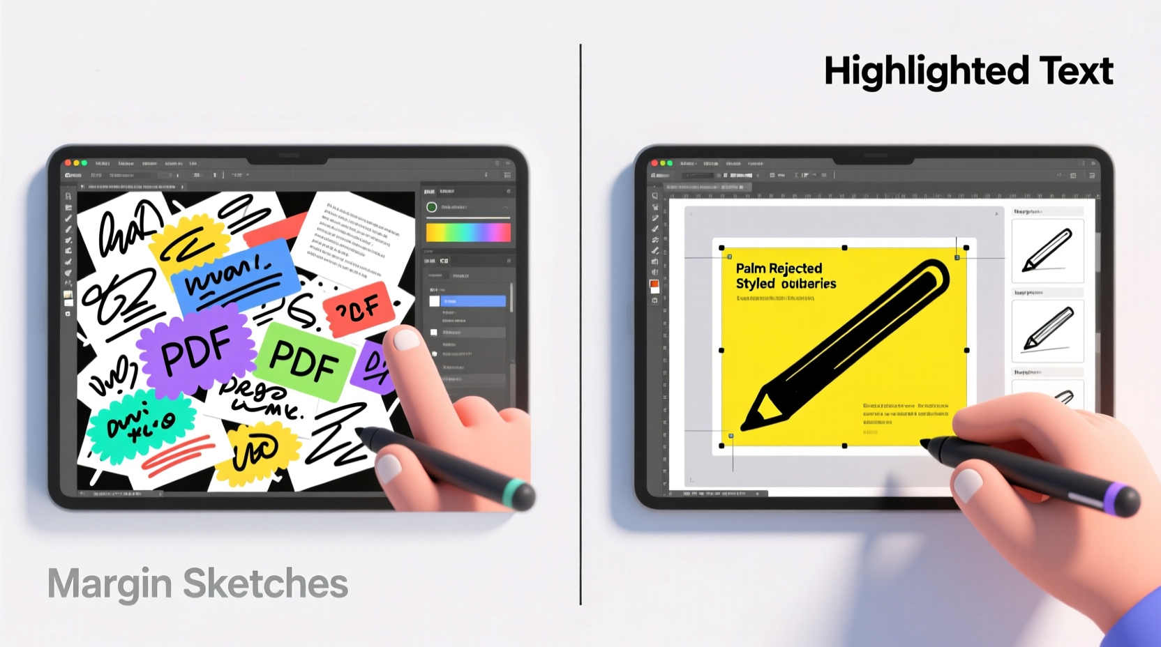 Side-by-side comparison: left panel shows messy, overlapping finger annotations on a PDF; right panel displays clean, precise, palm-rejected stylus strokes with highlighted text and margin sketches