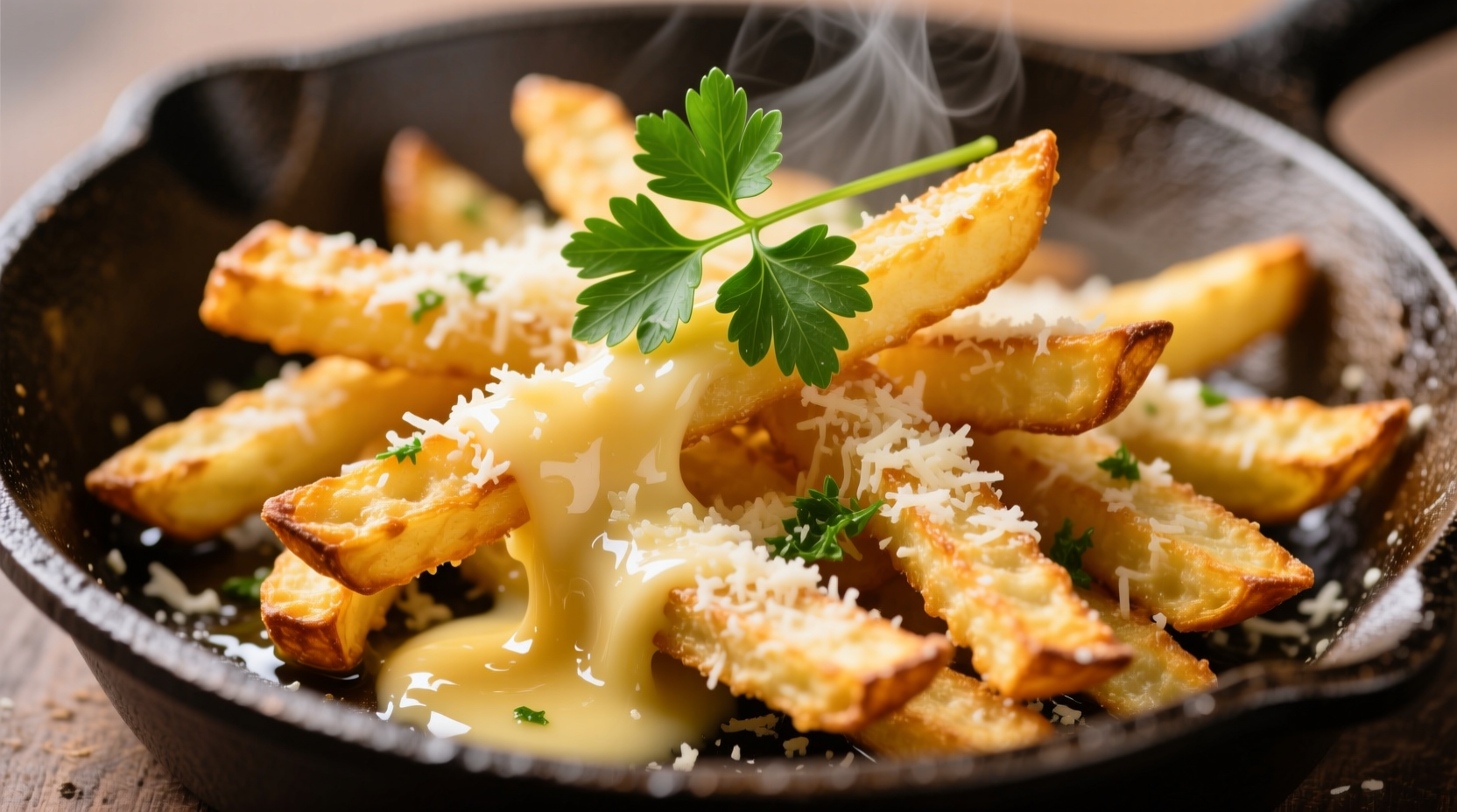 Golden parmesan garlic fries with fresh parsley garnish