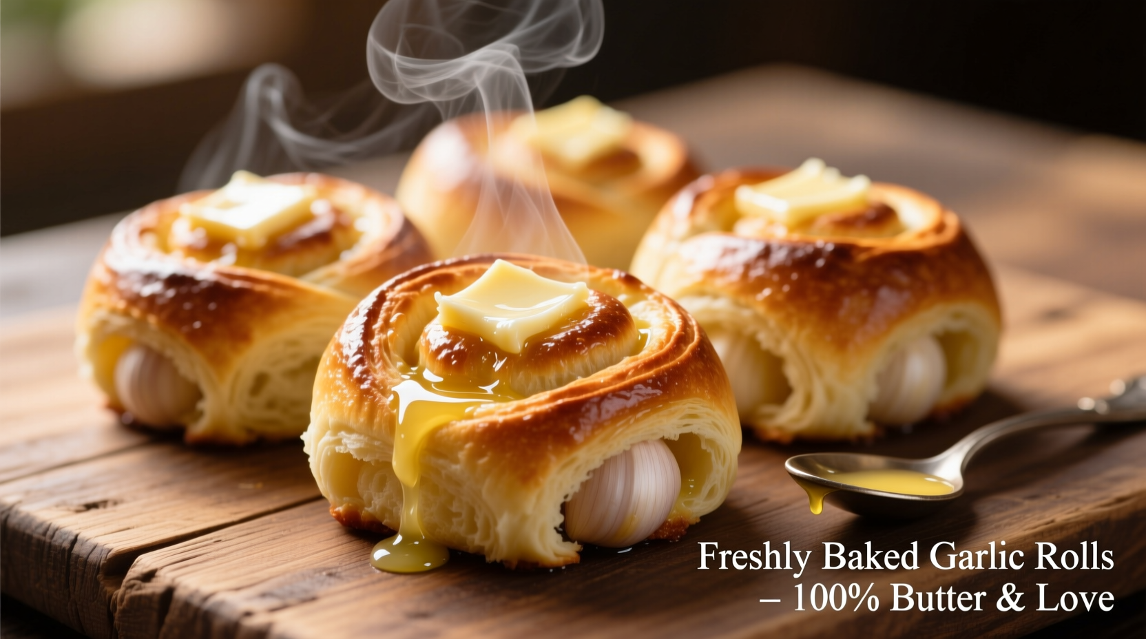 Freshly baked garlic rolls with melted butter