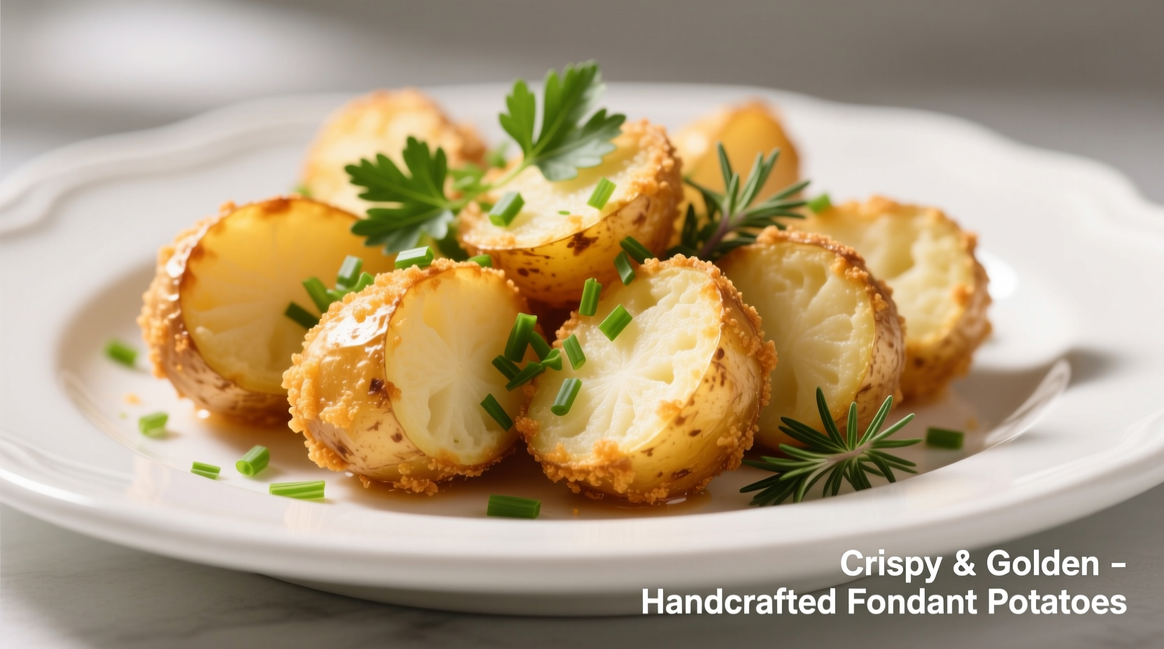 Golden fondant potatoes with herbs on white plate