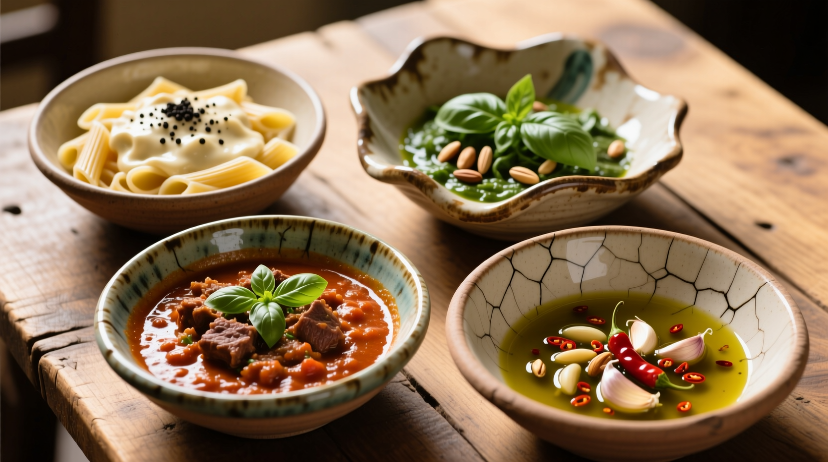 Traditional Italian non tomato pasta sauces in ceramic bowls